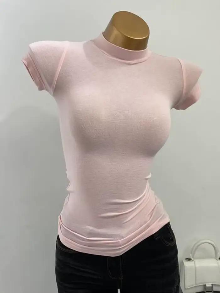 T-shirt coréen à col semi-montant, transparent, à manches courtes, coupe ajustée, élastique, uni, so