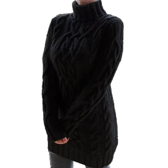 Automne hiver épaissir pull robes pour femmes col roulé à manches longues tricoté rétro chandails da