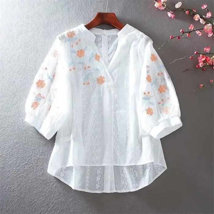 Chemisier brodé floral pour femme, haut en pur coton à manches mi-longues, pull-over ample et fin, a