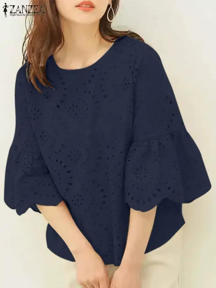 ZANZEA-Chemisier en Dentelle Ajourée à Manches 3/4 pour Femme, Élégant, Crochet, Décontracté, Broder