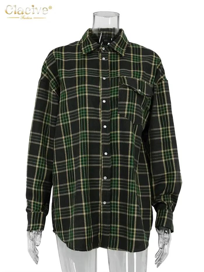 ClacMarkets-Chemisier à carreaux pour femmes, haut à lacets, revers élégant, manches longues, chemis