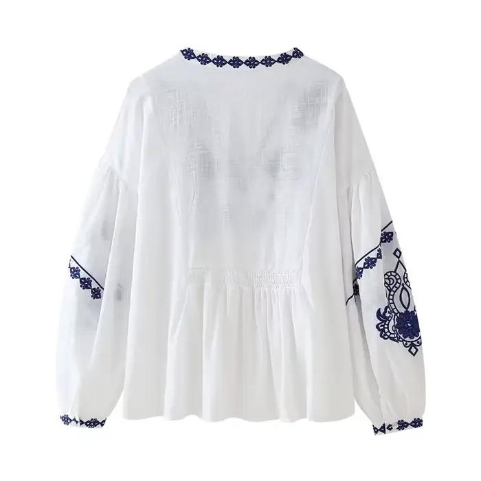 EllYANEllTIAN-Chemise brodée à manches lanterne pour femme, pull de vacances bohème, haut de décorat