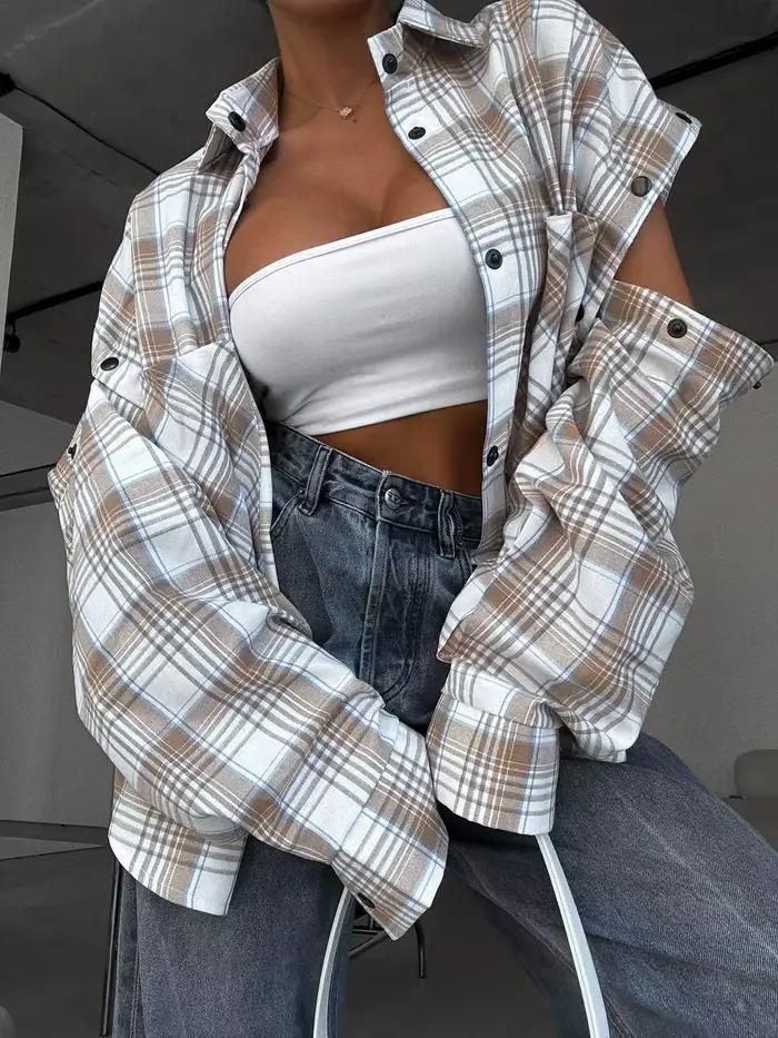 Chemise à carreaux américaine High Street Printemps 2026 pour femme, haut rétro élégant multifonctio