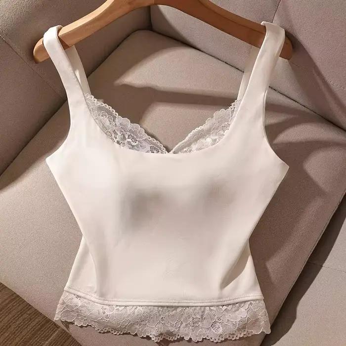 Débardeur Camisole Blanc à Col Carré pour Femme, Nouveau Modèle d'Été avec Dentelle, Haut en Pur Cot