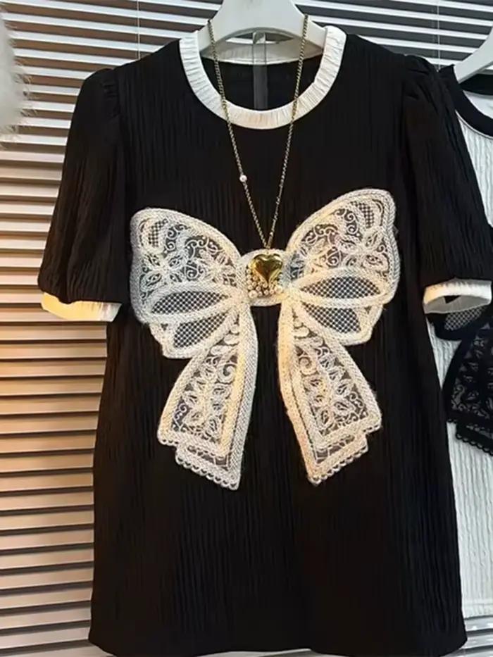 T-shirt à manches courtes en coton pour femme, broderie perlée, fleur, marée, col rond, haut, grand,