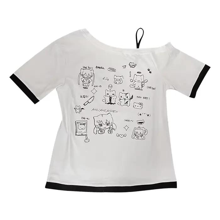 Japonais Y2k sous-culture mignon T-shirt épaules dénudées blanc à manches courtes été T-shirt femme