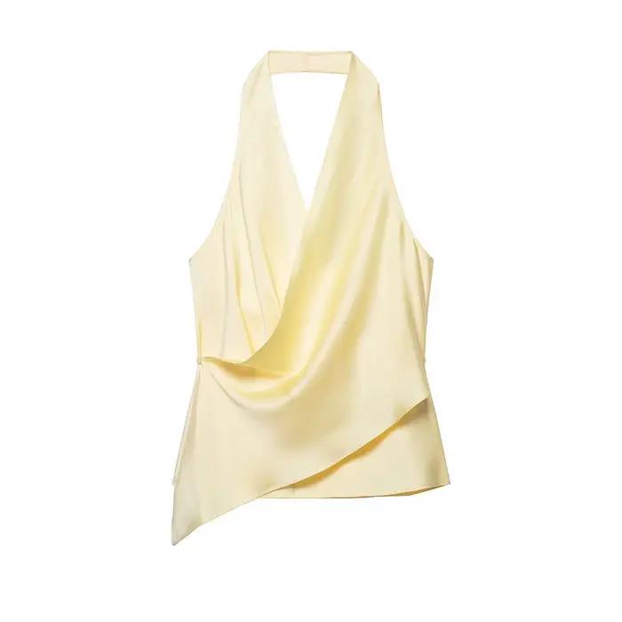 HH Haut Halter Jaune en Satin pour Femme, Col en V Croisé, Ourlet Asymétrique, Tenue Formelle, Décon
