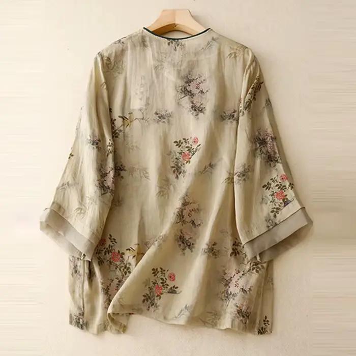 Chemise décontractée à imprimé floral de style chinois pour femmes, chemises en Y pour femmes, col r