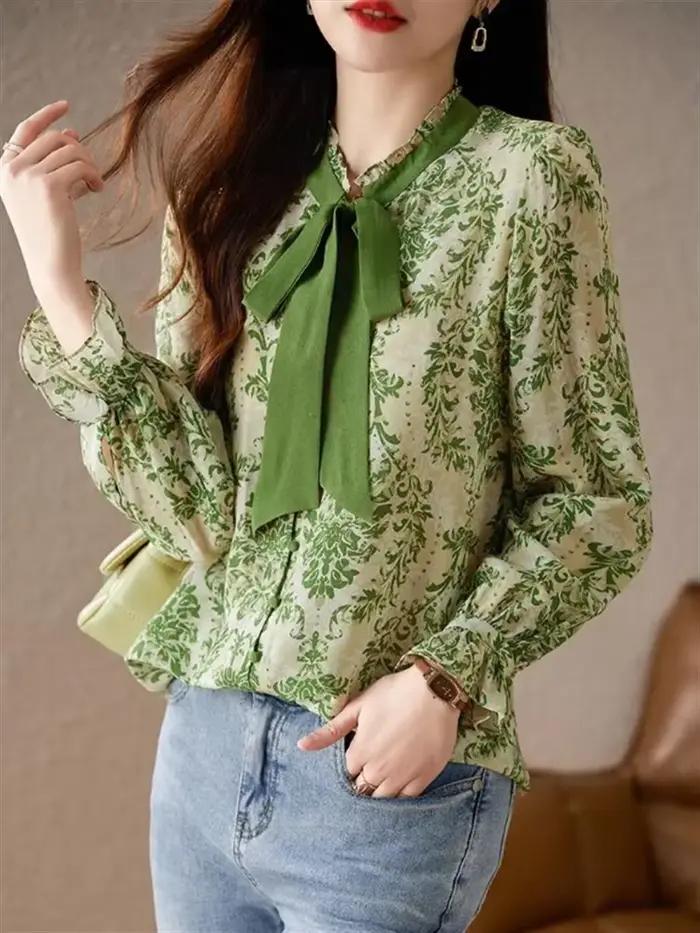 Chemise à volants avec nœud pour femme, manches lanterne, haut décontracté, col montant, ruban, chem