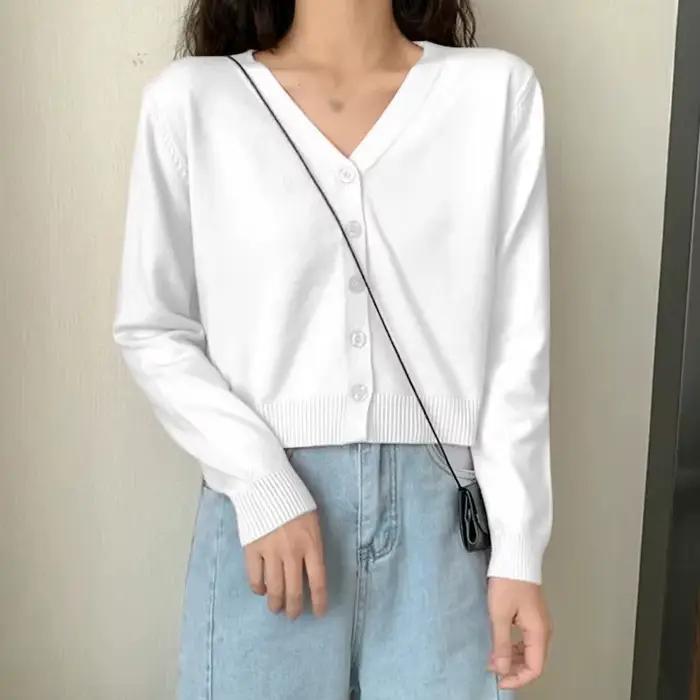 Cardigan court à manches longues pour femme 2026, col en V, boutonné, tricoté, automne-printemps, si
