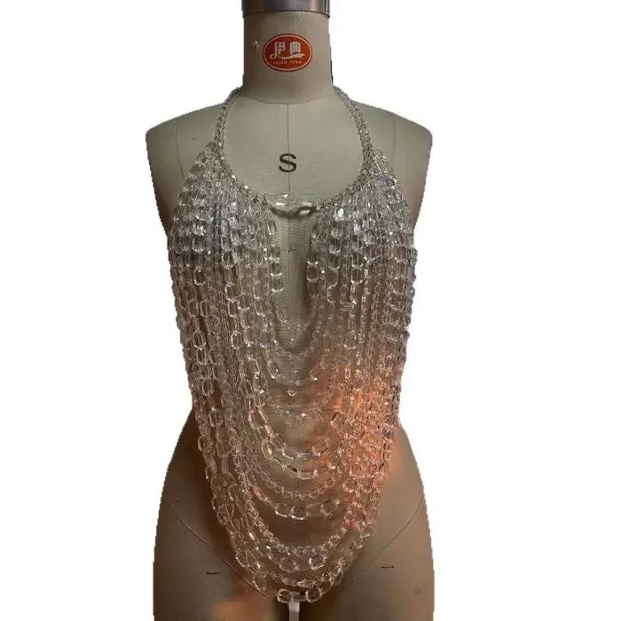 Transparent multicouche cristal perlé haut à licou femmes Sexy nuit Clubwear dos nu col gilet réserv