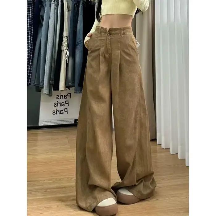 Jean kaki décontracté à jambes larges pour femmes, nouveau Design taille haute avec jambe droite amp