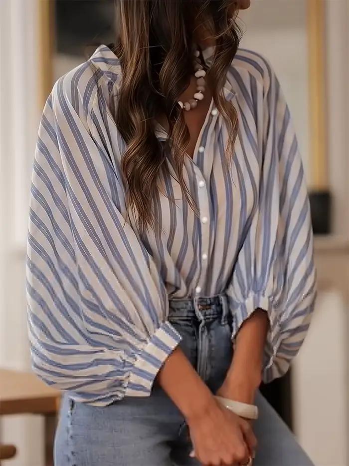 WXOY Chemisier Femme Rayé Bleu Manches Lanterne Chemise Boutonnée Vintage Décontracté Ample Bureau H