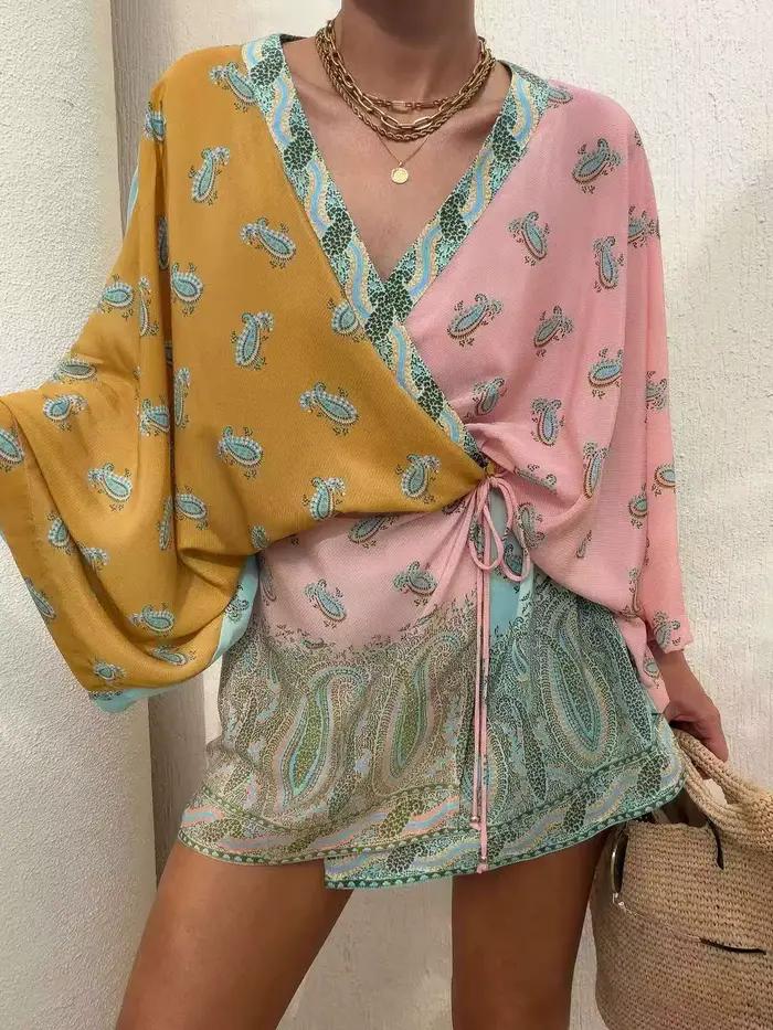 Chemisier Cache-cœur Bohème Imprimé Paisley pour Femme, Col en V, Manches Kimono, Fente Latérale à N