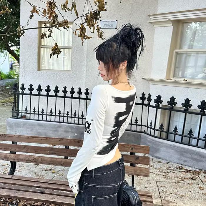 Tonngirls américain rétro imprimé T-shirt femmes à manches longues bouton graphique hauts Y2k hauts