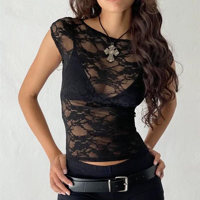 Haut en dentelle pour femmes, Sexy, élégant, transparent, haut en maille, chemise à manches longues,