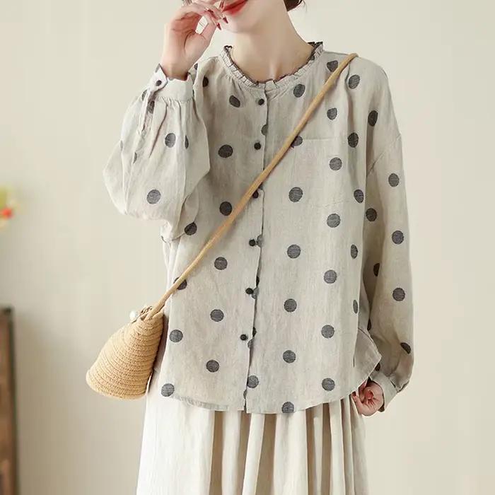 Chemises décontractées à manches longues pour femmes, style vintage, col rond, pois, coton, lin, pri