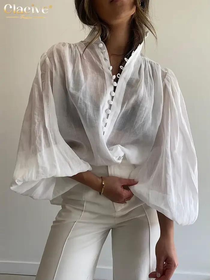 ClacMarkets-Chemisier en coton blanc pour femme, col montant élégant, manches bouffantes, chemises d