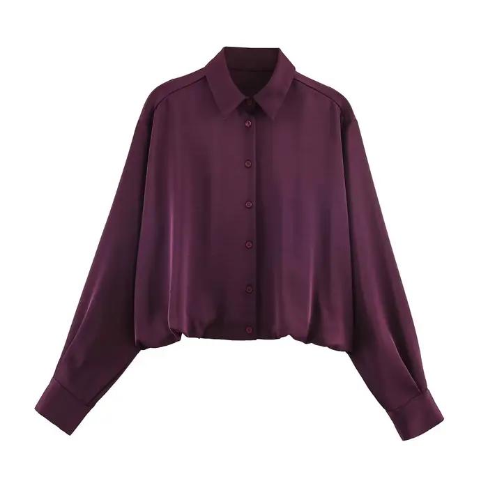 HH femme printemps mode manches longues revers simple boutonnage ballon Version soie Satin Texture h