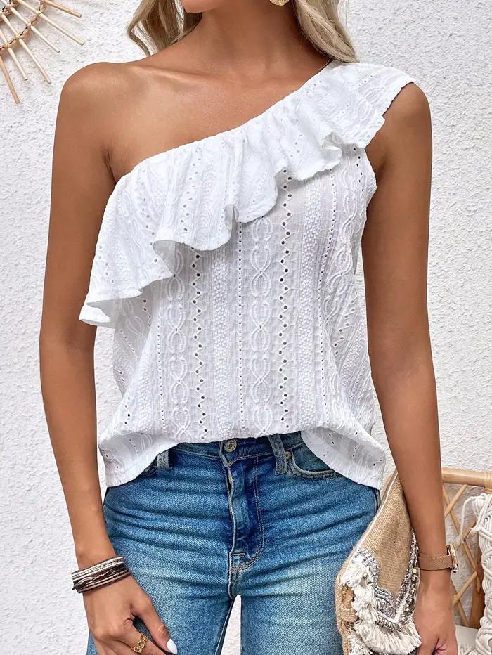 Haut asymétrique à volants en jacquard uni pour femme, idéal printemps/été