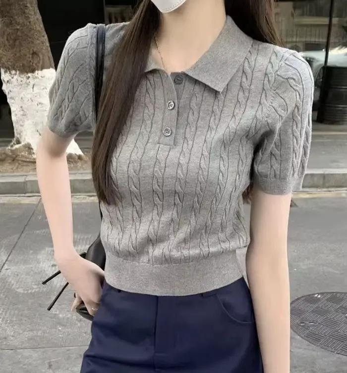 Pull tricoté à col polo pour femme, manches courtes, motif torsadé, style preppy, tennis, crop top d