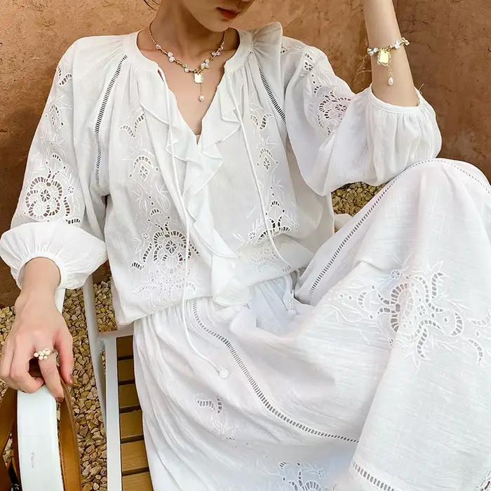 Nouvelle Blouse Femme Bohème Vintage Broderie Blanche Printemps-Été 100% Coton Manches Longues Décon