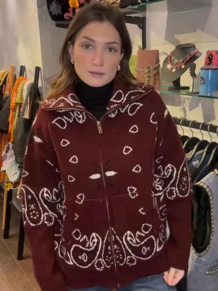 Cardigan en tricot Jacquard à col montant pour femme, ample, fermeture éclair, manches longues, poch