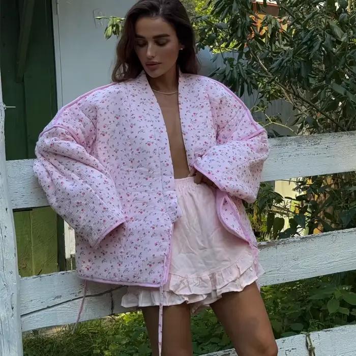 Cardigan imprimé Floral pour femme, mignon à lacets, rose, manteau décontracté, ample, chaud, à la m