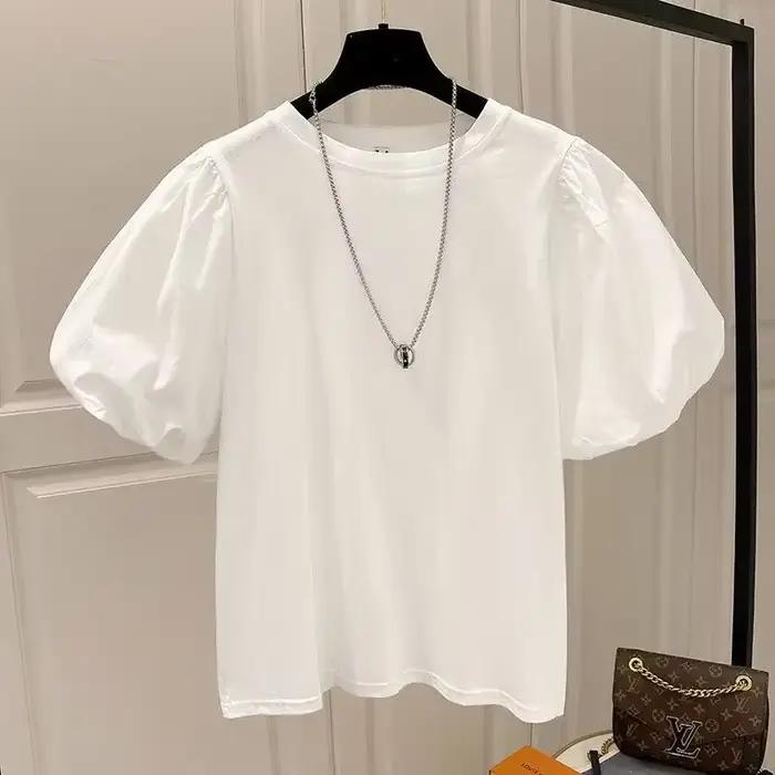 Mujer coton T-shirts pour femmes T-shirts d'été manches bouffantes col rond T-shirts hauts surdimens