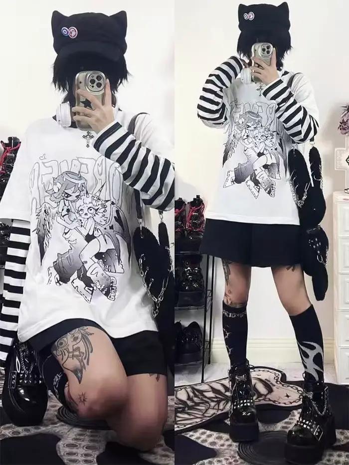 Mode rayure imprimé T-shirts basique t-shirt décontracté surdimensionné Patchwork hauts à manches lo