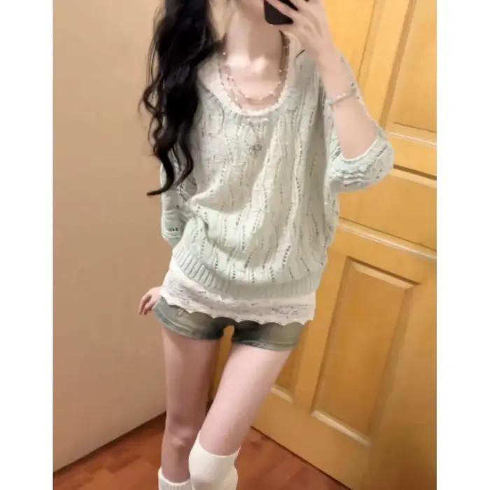 2025 vêtements pour femmes pulls tricotés lâche mode Pull coréen Sueter Mujer évider tricot mince Pu