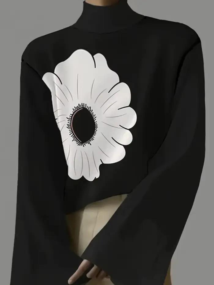 2025 été nouveaux hauts pour femmes évasé à manches longues col roulé couleur noir Polyester imprimé