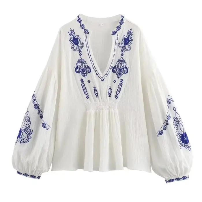 Chemisier Brodé Floral Style Boho pour Femme, Chemise en Coton Blanc, Lanterne, Manches sulf, Décolm