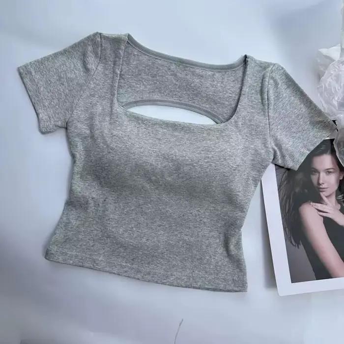 T-shirt femme vêtements encolure carrée hauts à manches courtes haut court avec soutiens-gorge pour