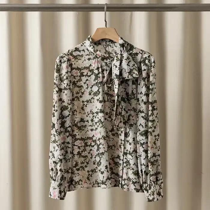 Chemisier pour femme à ruban 100% soie imprimé floral coupe ample à manches longues