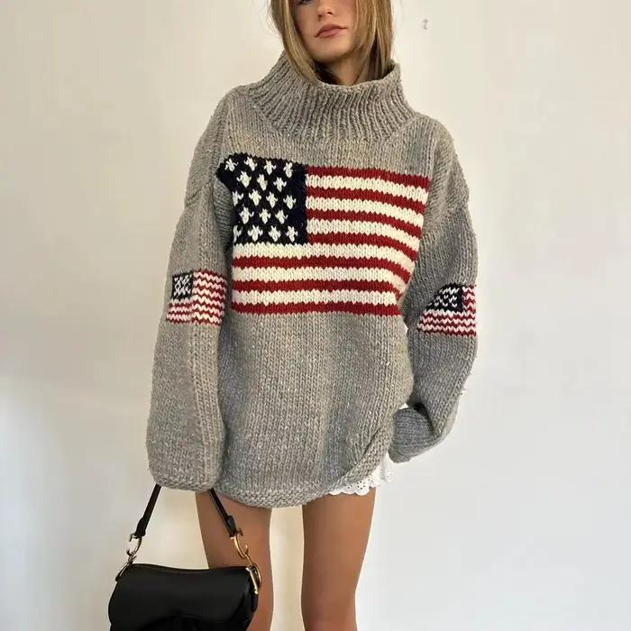 2025 Nouveau Style Européen et Américain Pull Col Haut Drapeau National Motif Creative Lâche Casual