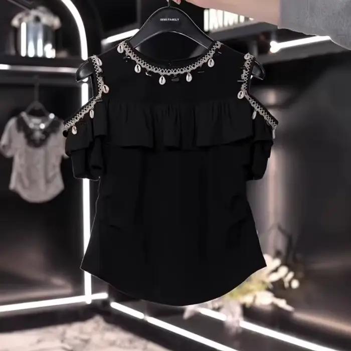 T-shirt à manches courtes pour femmes, épaules dénudées, à volants et paillettes françaises, nouveau