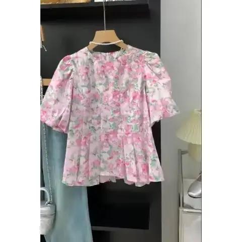 2026 Blouses Femme Tendance Col Rond Manches Courtes Amples Plissées à Motifs Floraux Rose Été Style