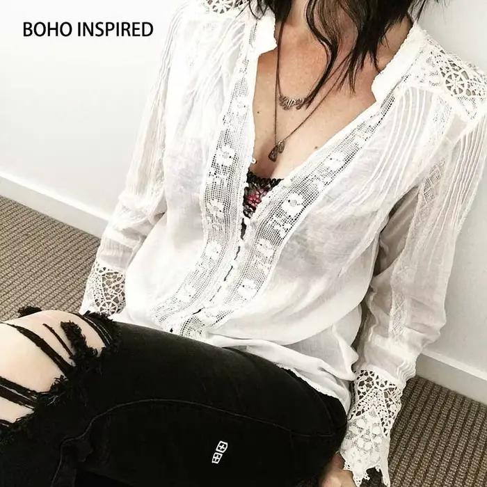 Chemisier en dentelle de coton blanc pour femme, chemise d'aviation florale, style bohème ample, col
