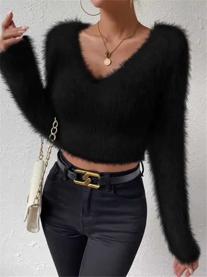 Pull en tricot pour femmes, couleur unie, col en V, coupe cintrée, court en fourrure, polyvalent, no
