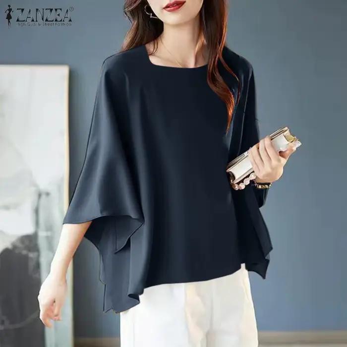 ZANZEA-Chemisier à manches 3/4 pour femme, chemise à col rond, tunique de bureau élégante, chemise b