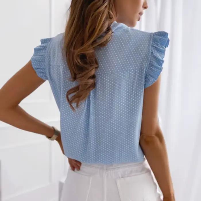 Femmes été élégant volants sans manches à pois à lacets cravate noeud Blouses et chemises décontract