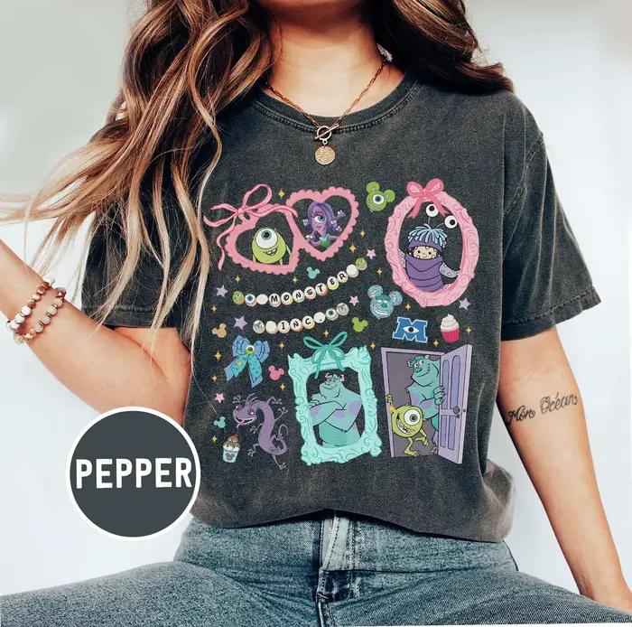 T-shirt Disney Bow Monster Inc pour femmes, en coton, classique, manches courtes, unisexe, streetwea