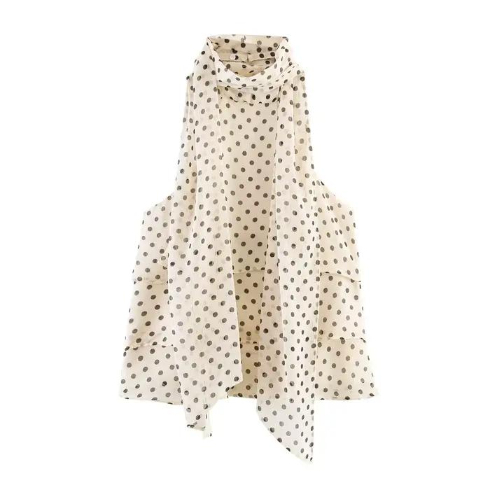 TFMLN Chic Halter Polka Dot Top pour femme, sexy, à volants superposés, dos nu, à lacets, nouveau, d