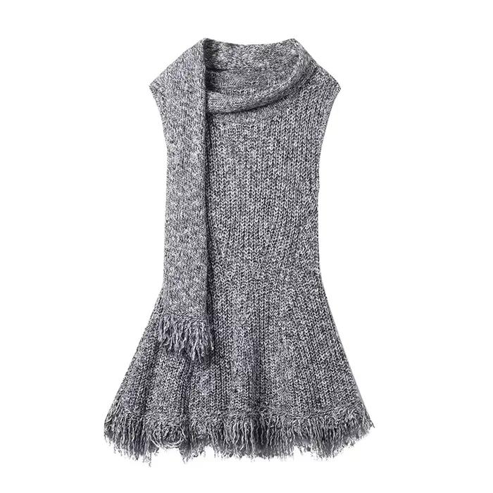 Pull tricoté sans manches pour femme, décontracté, avec écharpe, gris, col rond, Slim, assorti avec