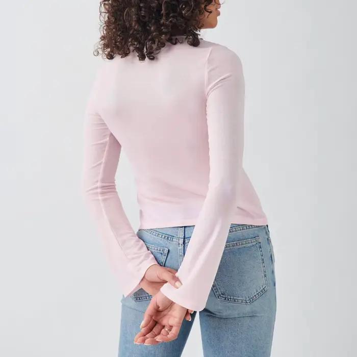 T-shirt à manches longues et col en V pour femmes, haut court amincissant, couleur unie, printemps e