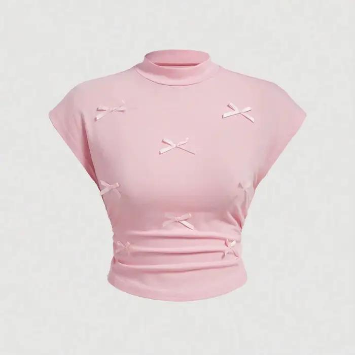 T-shirt à manches courtes et col mi-haut pour femme, pull Slim à manches volantes, avec nœud doux, E