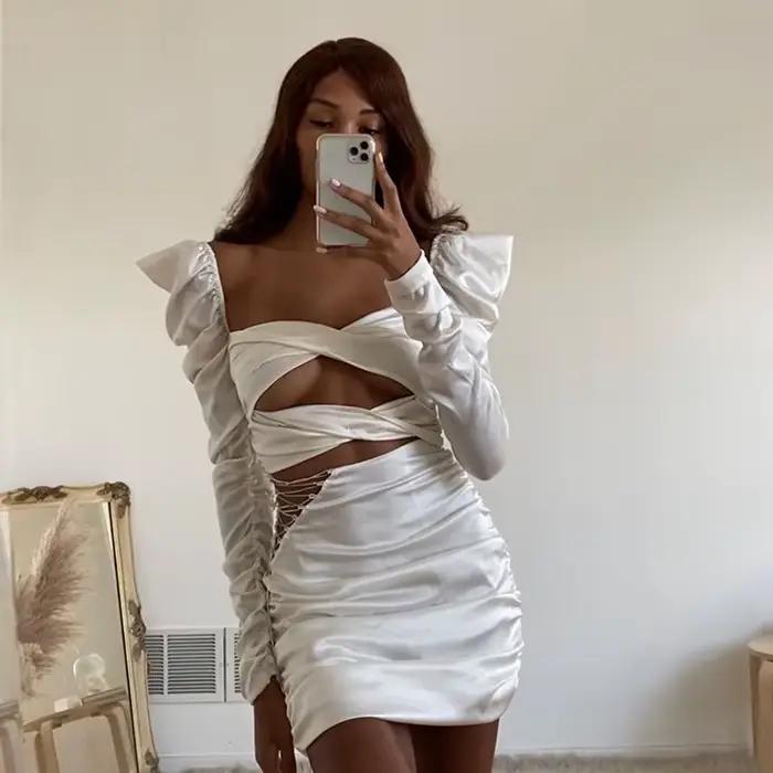 Cryptographique diamant froncé pansement à lacets évider Sexy femmes robe moulante Club robes de soi