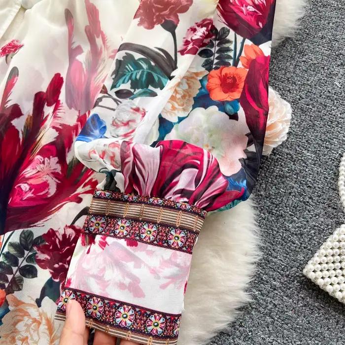 Robe de style bohème pour femme, col en V profond, manches longues, décontracté, imprimé floral, vol