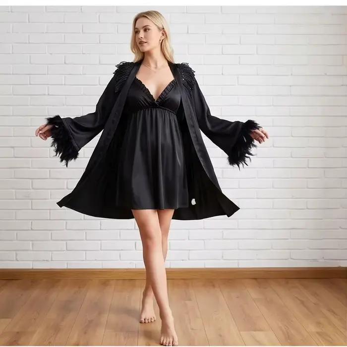 Robe courte noire à col ailes d'ange pour femmes avec poignets en plumes détachables, style doux, vê